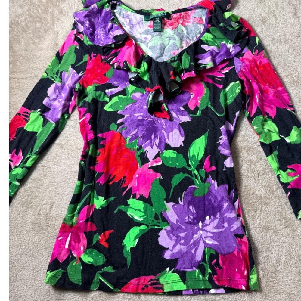Lauren Ralph Lauren Floral Ruffle V-Long Sleeve Top PXS Preppy Garden Fall